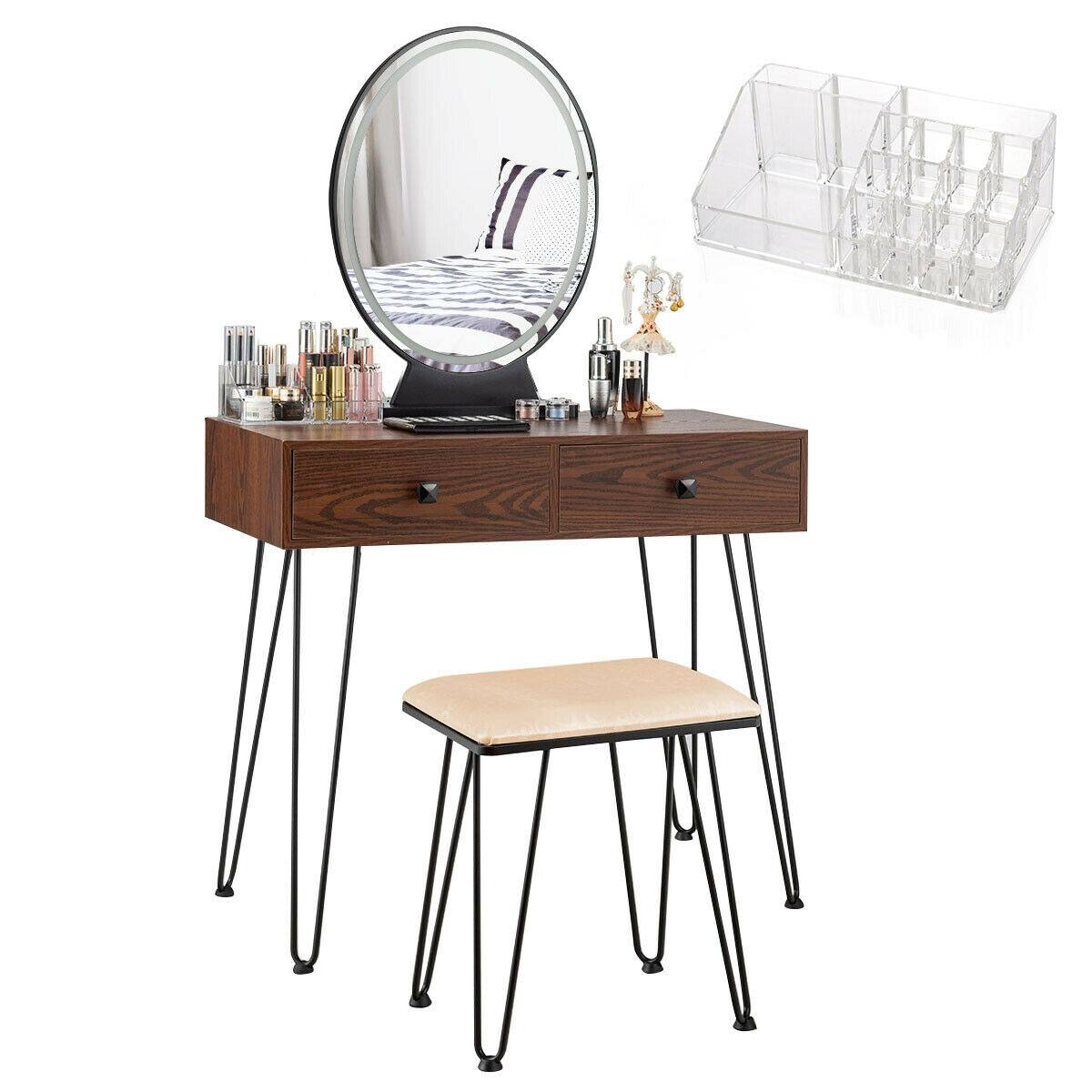 Front. Ecooso - Industrial Makeup Vanity Table with Metal Frame, 3 Lighting Modes and Open Storage Shelf - Brown.
