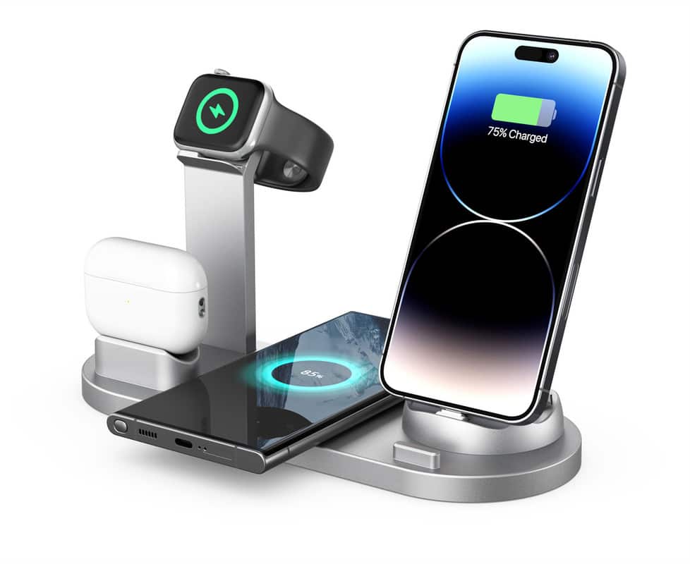RISOKEYS - 15W 3-in-4 Wireless Charger - iPhone, Watch, AirPods Charging Dock, Wireless Charging Stand - Silver