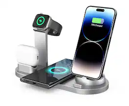 RISOKEYS - 15W 3-in-4 Wireless Charger - iPhone, Watch, AirPods Charging Dock, Wireless Charging Stand - Silver