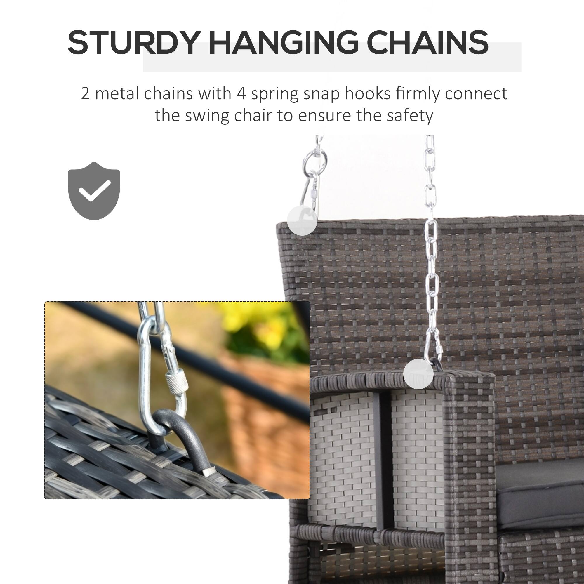 STURDY HANGING CHAINS
2 metal chains with 4 spring snap hooks firmly connect the swing chair to ensure the safety