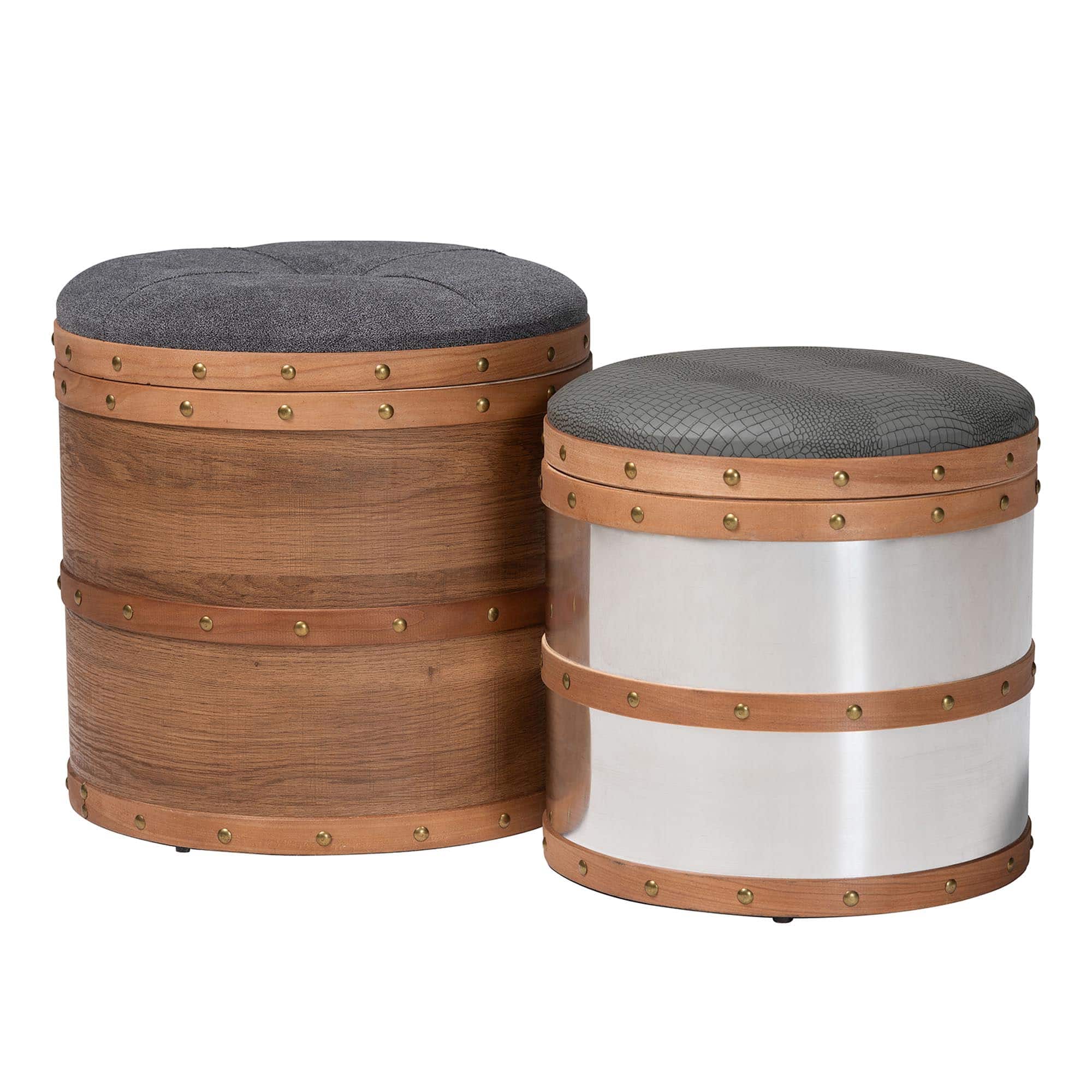 Baxton Studio - Caleb Modern Fabric and Alligator Faux Leather 2-Piece Storage Ottoman Set - Brown/Mirrored