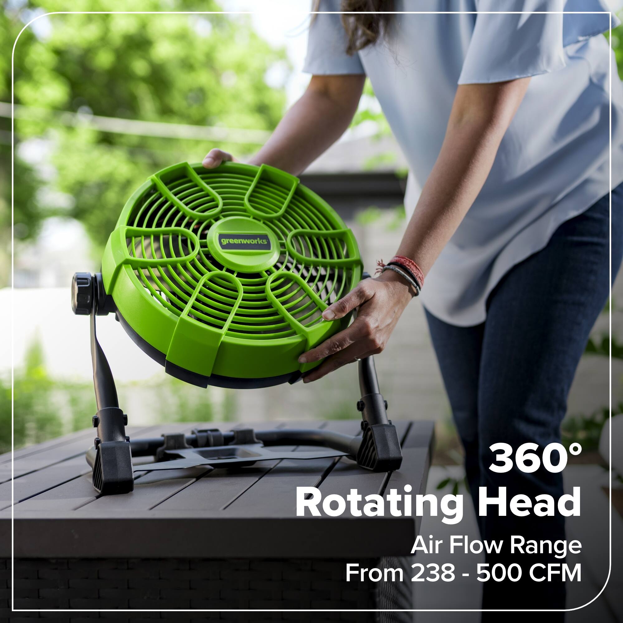 greenworks 360 Rotating Head Air Flow Range From 238 - 500 CFM