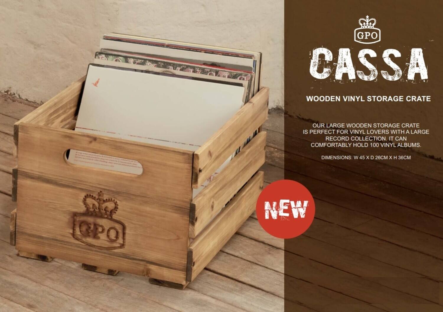 GPO CASSA  
WOODEN VINYL STORAGE CRATE  

OUR LARGE WOODEN STORAGE CRATE IS PERFECT FOR VINYL LOVERS WITH A LARGE RECORD COLLECTION. IT CAN COMFORTABLY HOLD 100 VINYL ALBUMS.  

DIMENSIONS: W 45 X D 26CM x H 36CM  

NEW