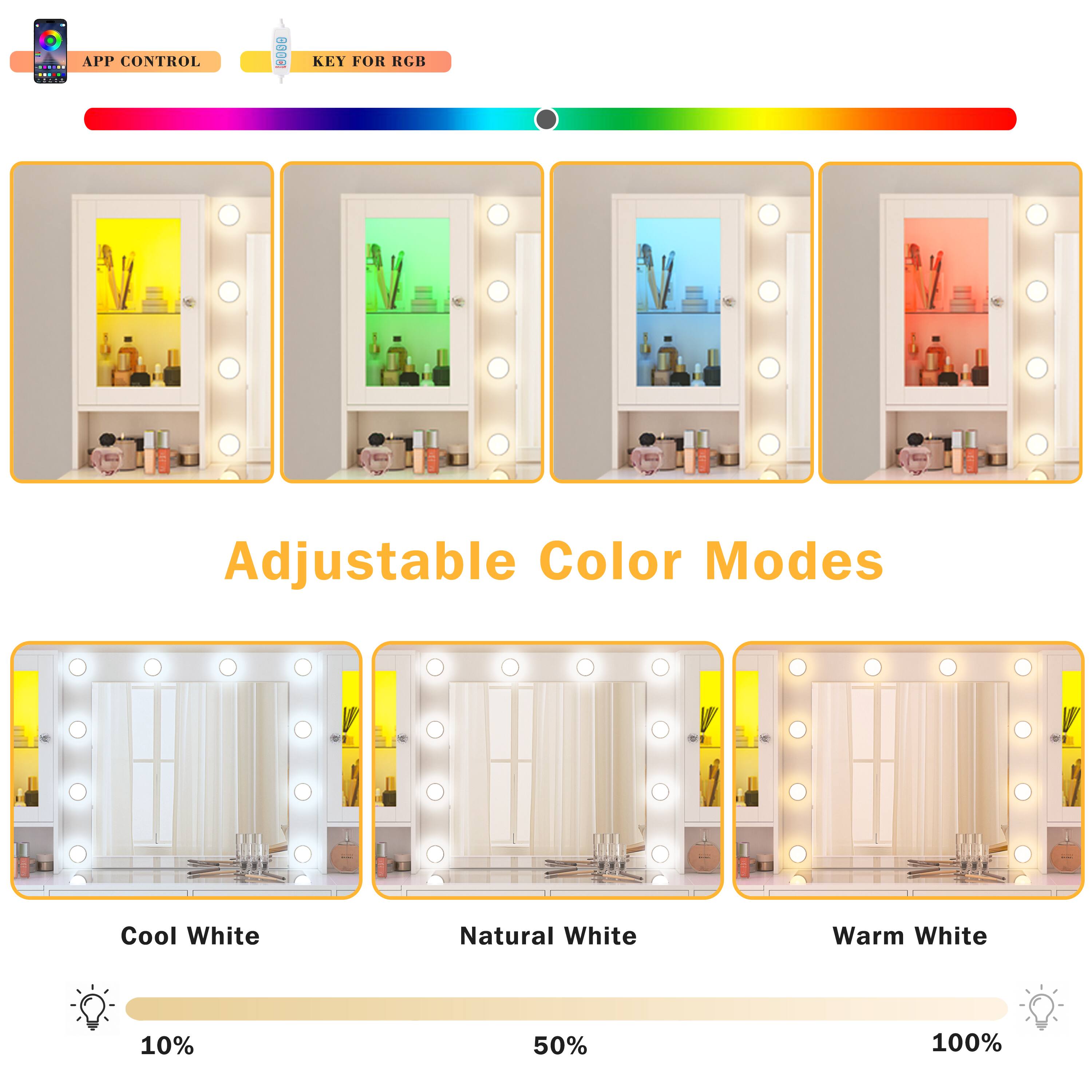 APP CONTROL  
KEY FOR RGB  

Adjustable Color Modes  

Cool White  
Natural White  
Warm White  

10%  
50%  
100%