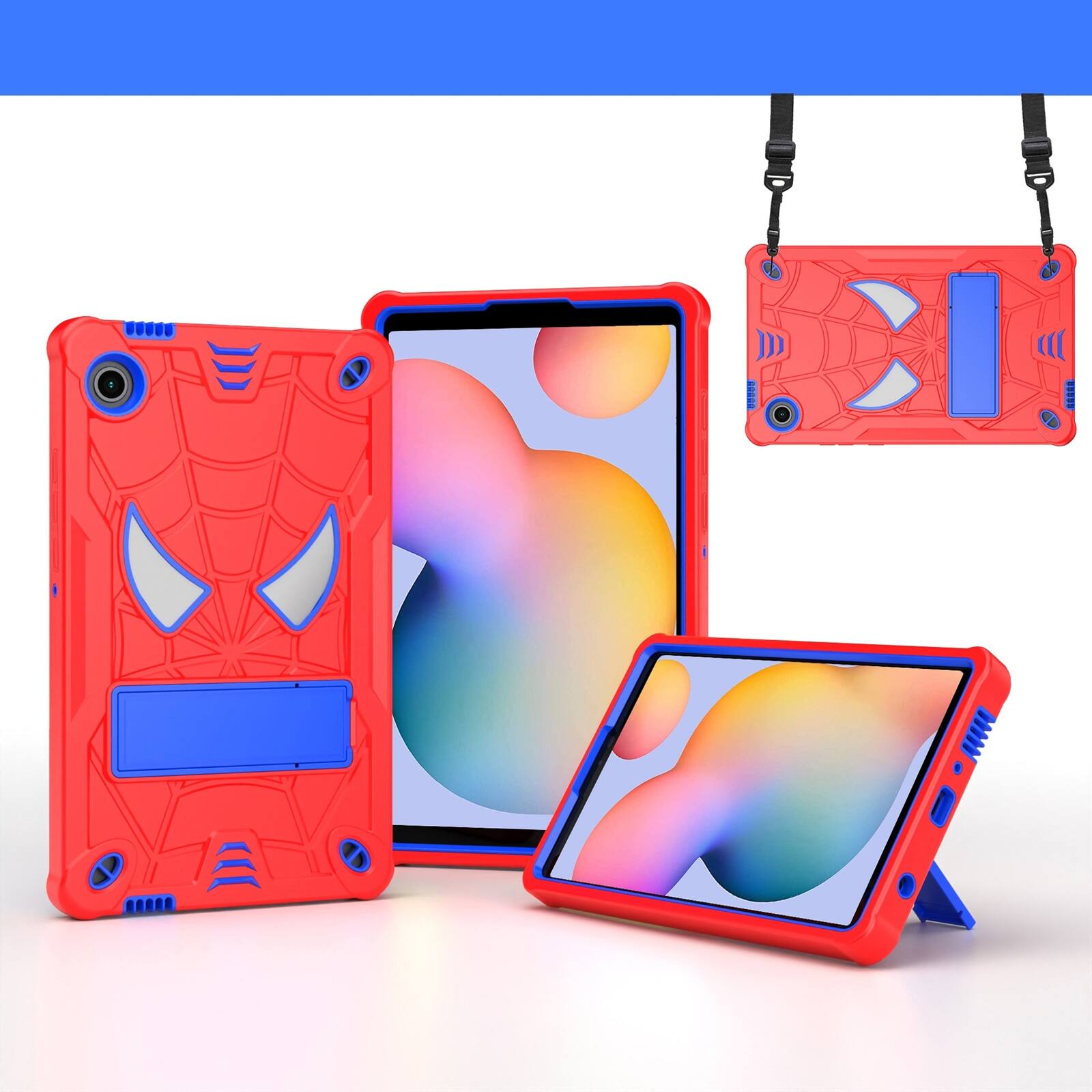 Angle. UUCOVER - Kids Case for Samsung Galaxy Tab A11 8.7-inch 2025 (SM-X130/X133/X135) Shockproof TPU+PC Stand Cover with Shoulder Strap - Red+Blue.