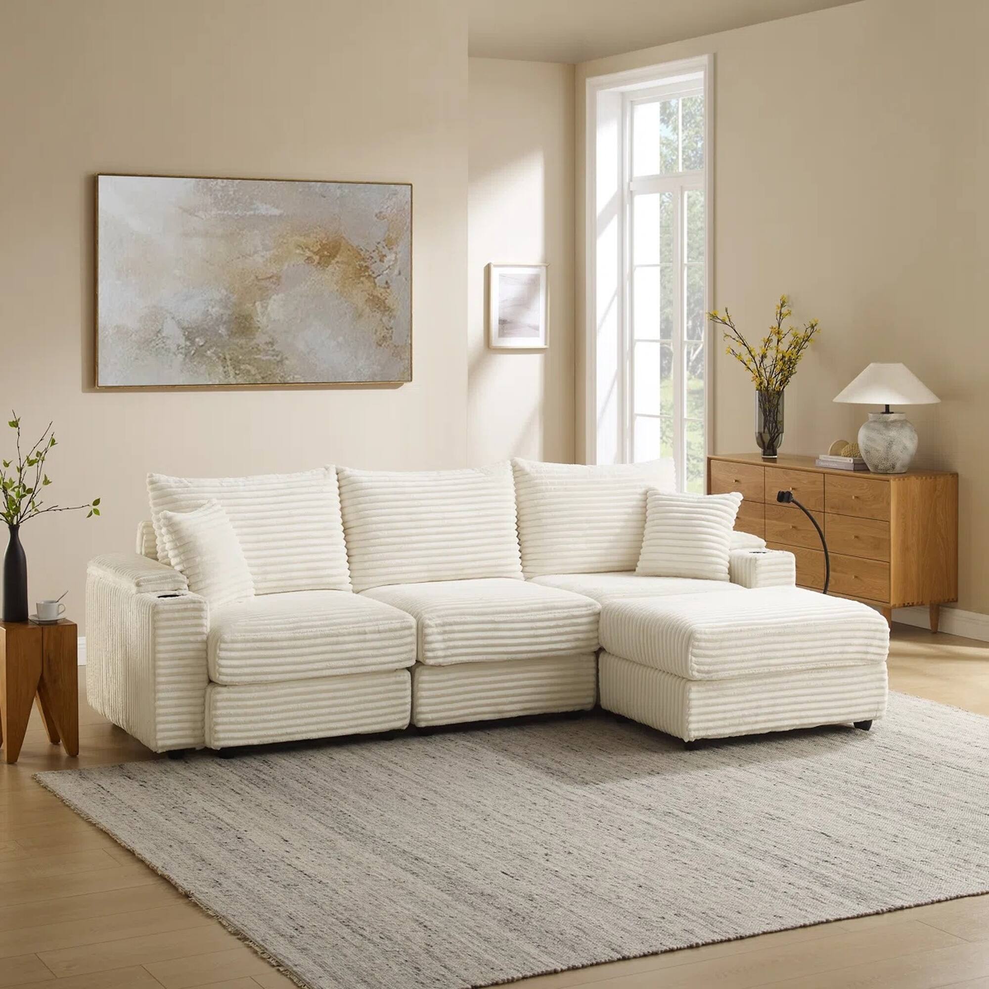 Alt View 3. Yardgrace - 104 Inch L Shaped Modular Sectional Sofa Green Corduroy with Ottoman Charger Cup Holders Armrest Storage - Beige.