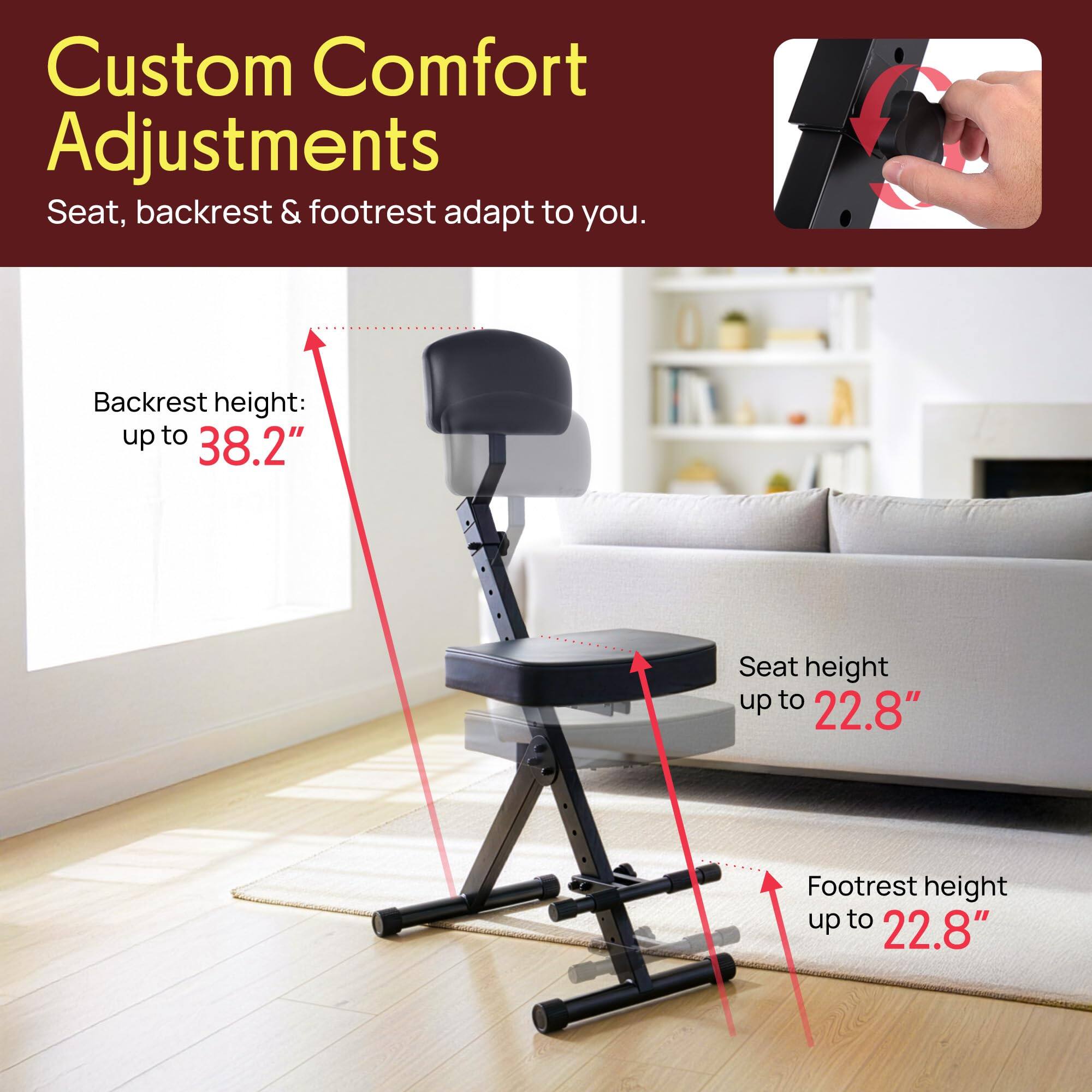 Custom Comfort Adjustments  
Seat, backrest & footrest adapt to you.  
Backrest height: up to 38.2"  
Seat height: up to 22.8"  
Footrest height: up to 22.8"