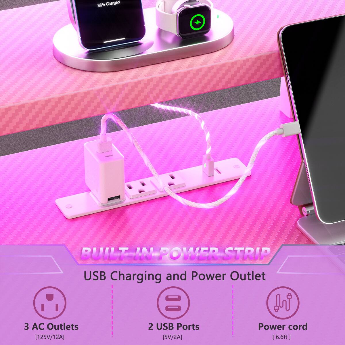 36% Charged + BUILT-IN POWER STRIP USB Charging and Power Outlet = 3 AC Outlets 2 USB Ports Power cord [125V/12A] [5V/2A] ! [6.6ft]