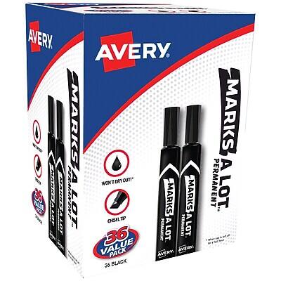 AVERY MARKS  
PERMANENT MARKS  
WONT DRY OUT!  
CHISEL TIP  
36 VALUE PACK  
35 BLACK MARKS  
PERMANENT LOT