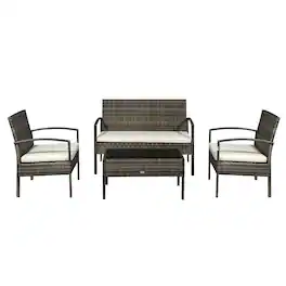 Outsunny - Patio Furniture Set, 4 Piece Indoor Outdoor PE Wicker Conversation Set with Chairs, Loveseat Sofa, Cushions - Light Gray