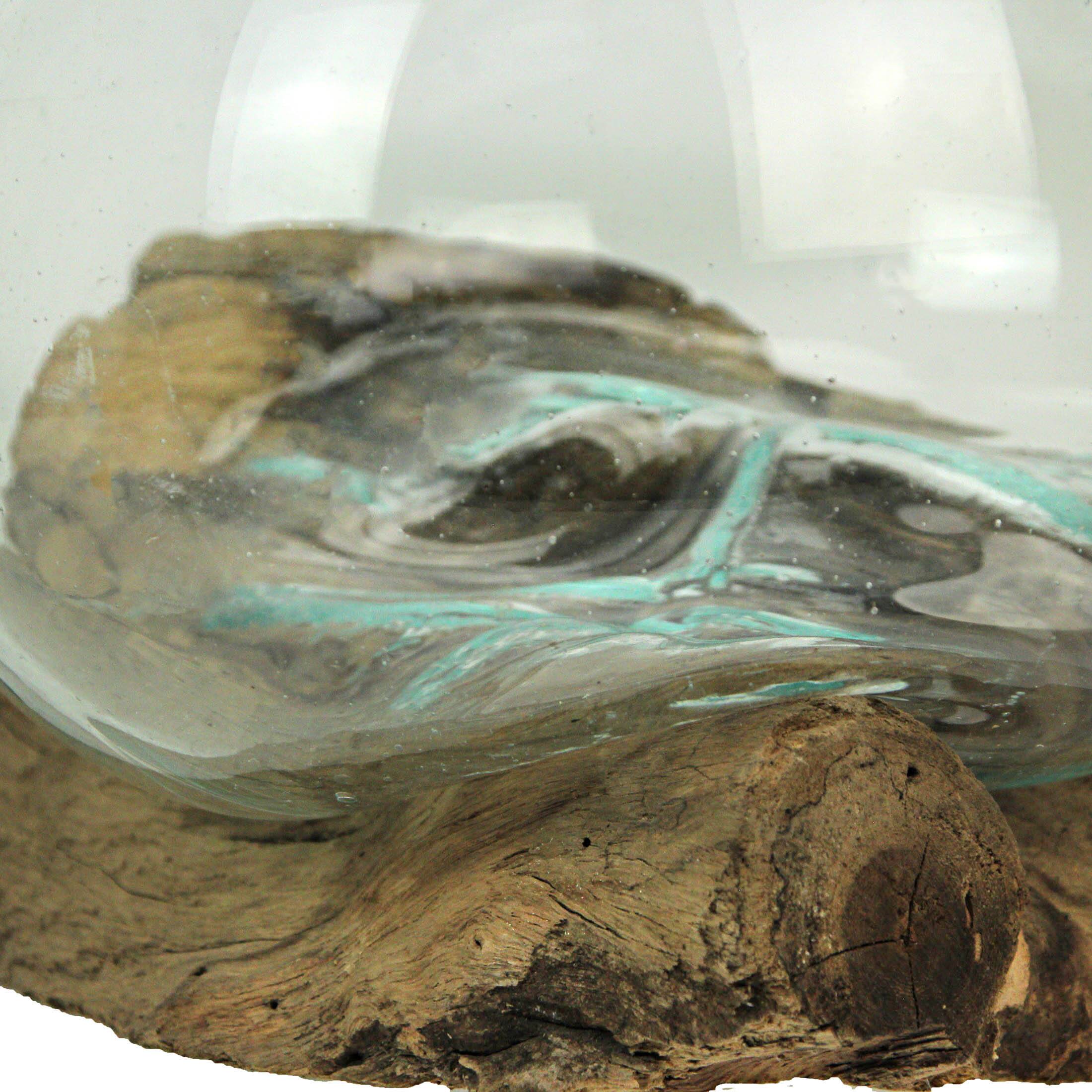 Alt View 2. Chesapeake Bay - Molten Glass on Teak Driftwood Sculptural Bowl, Vase, Terrarium - Brown.