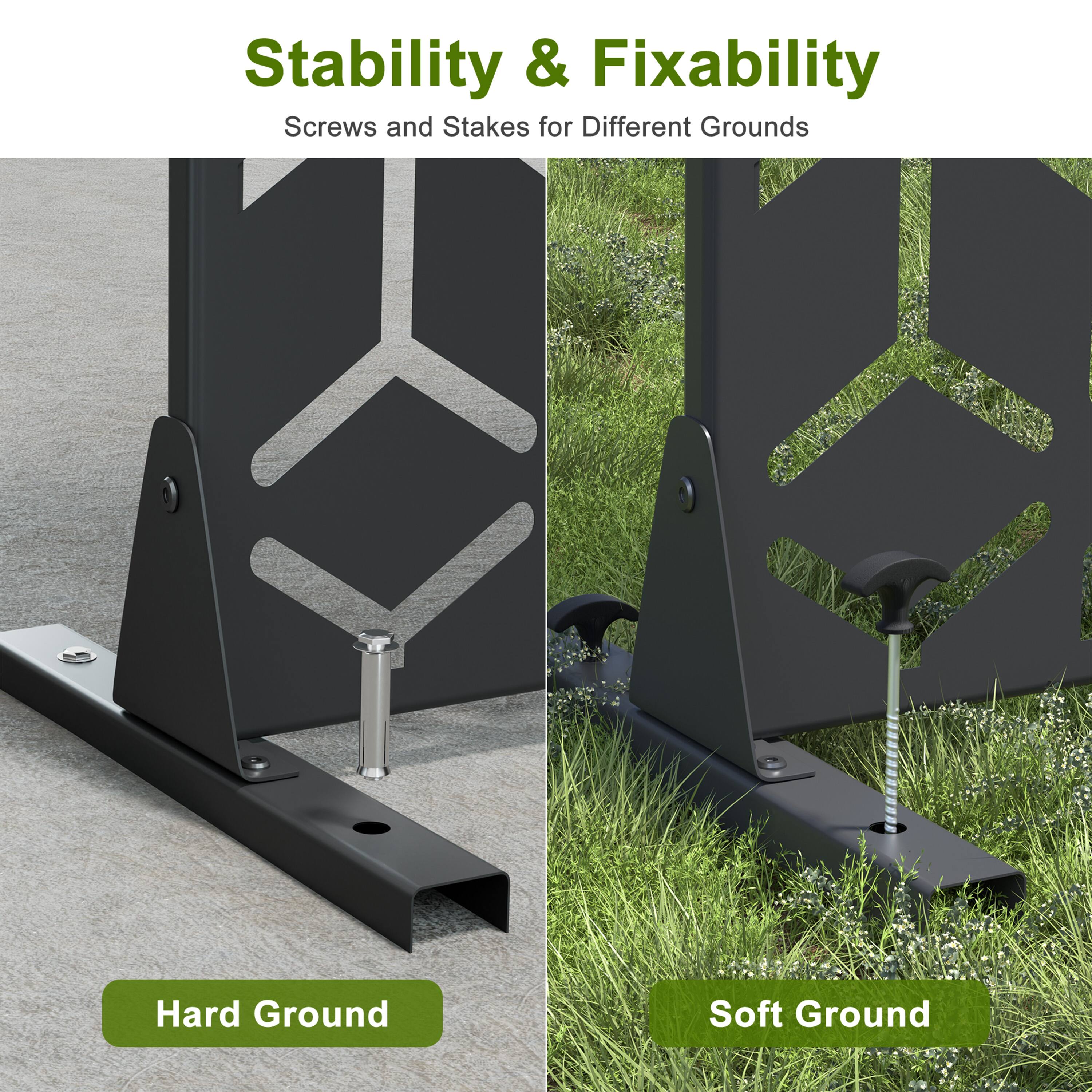 Stability & Fixability  
Screws and Stakes for Different Grounds  

Hard Ground  
Soft Ground