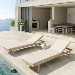 Mondawe - Set of 2 Acacia Wood Chaise Lounge With Cushion - Teak+ Beige
