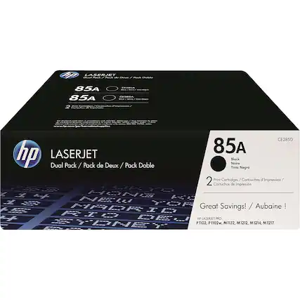 HP LASERJET
Dual Pack / Pack de Deux / Pack Doble
85A
CE285A
85A
CE285A
2 Print Cartridges / 2 Cartouches d'Impression / 2 Cartuchos de Impresión
Great Savings! / Aubaine!
HP LASERJET PRO
P1102, P1102w, M1132, M1212, M1214, M1217
CE285D
85A
Black / Noir / Tinta Negra
2 Print Cartridges / 2 Cartouches d'Impression / 2 Cartuchos de Impresión
www.hp.com/go/learnaboutsupplies