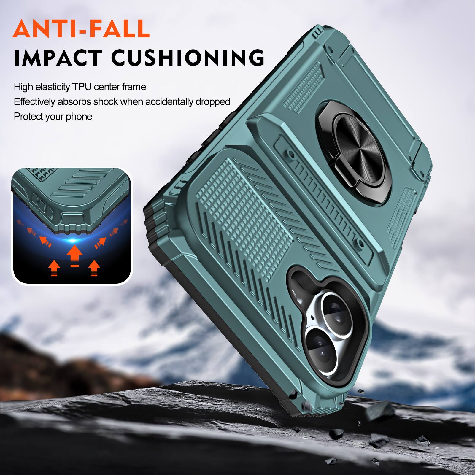 ANTI-FALL IMPACT CUSHIONING

High elasticity TPU center frame
Effectively absorbs shock when accidentally dropped
Protect your phone