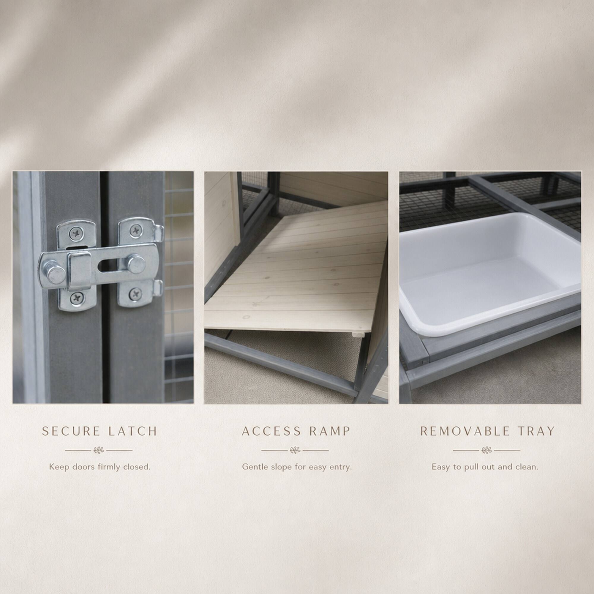 SECURE LATCH  
Keep doors firmly closed.

ACCESS RAMP  
Gentle slope for easy entry.

REMOVABLE TRAY  
Easy to pull out and clean.