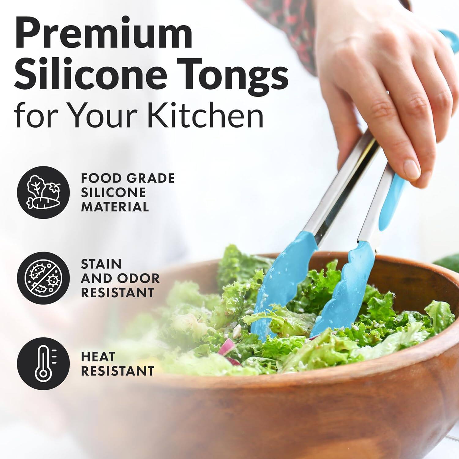 Premium Silicone Tongs for Your Kitchen, FOOD GRADE SILICONE MATERIAL, STAIN AND ODOR RESISTANT, HEAT RESISTANT