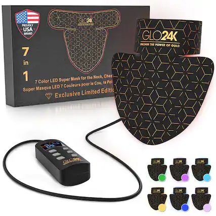 GLO24K PROUDLY USA BRAND
7 in 1 for the Neck, Chest LED Super Mask
7 Color LED Super Masque 7 Couleurs pour le Cou, la Poitrine
Exclusive Limited Edition
UNLEASH THE POWER OF GOLD
GLO24K
UNLEASH THE POWER OF GOLD