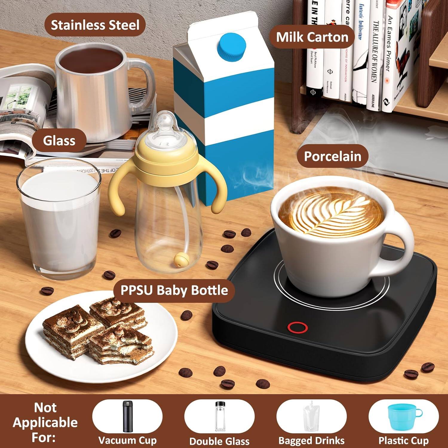 - Stainless Steel
- Glass
- PPSU Baby Bottle
- Milk Carton
- Porcelain

Not Applicable For:
- Vacuum Cup
- Double Glass
- Bagged Drinks
- Plastic Cup