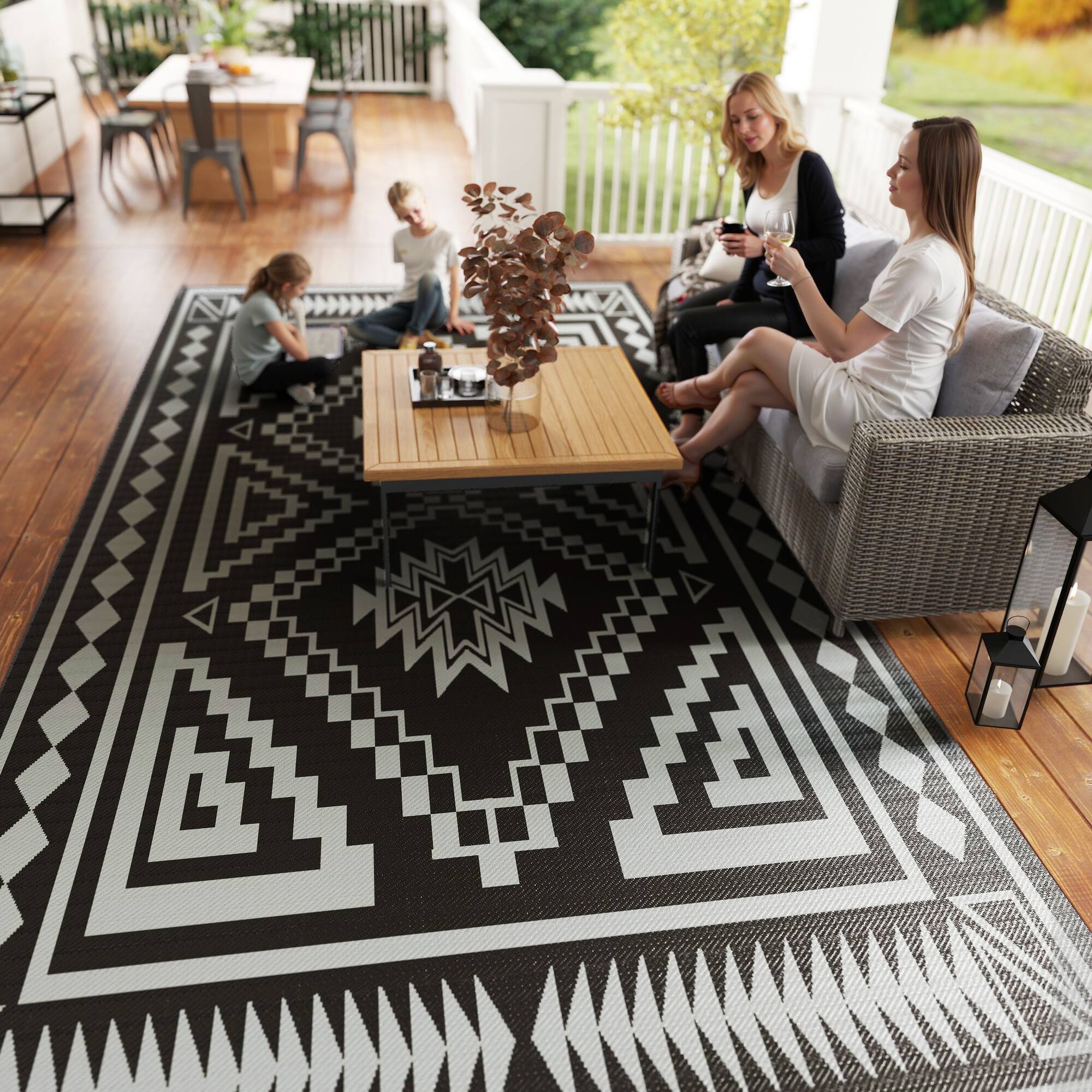 Alt View 8. Outsunny - Outdoor Rug for Patio, 9' x 18' Waterproof Large Mat, Reversible Plastic Straw Rug for Décor - Black and Gray Square Patchwork.