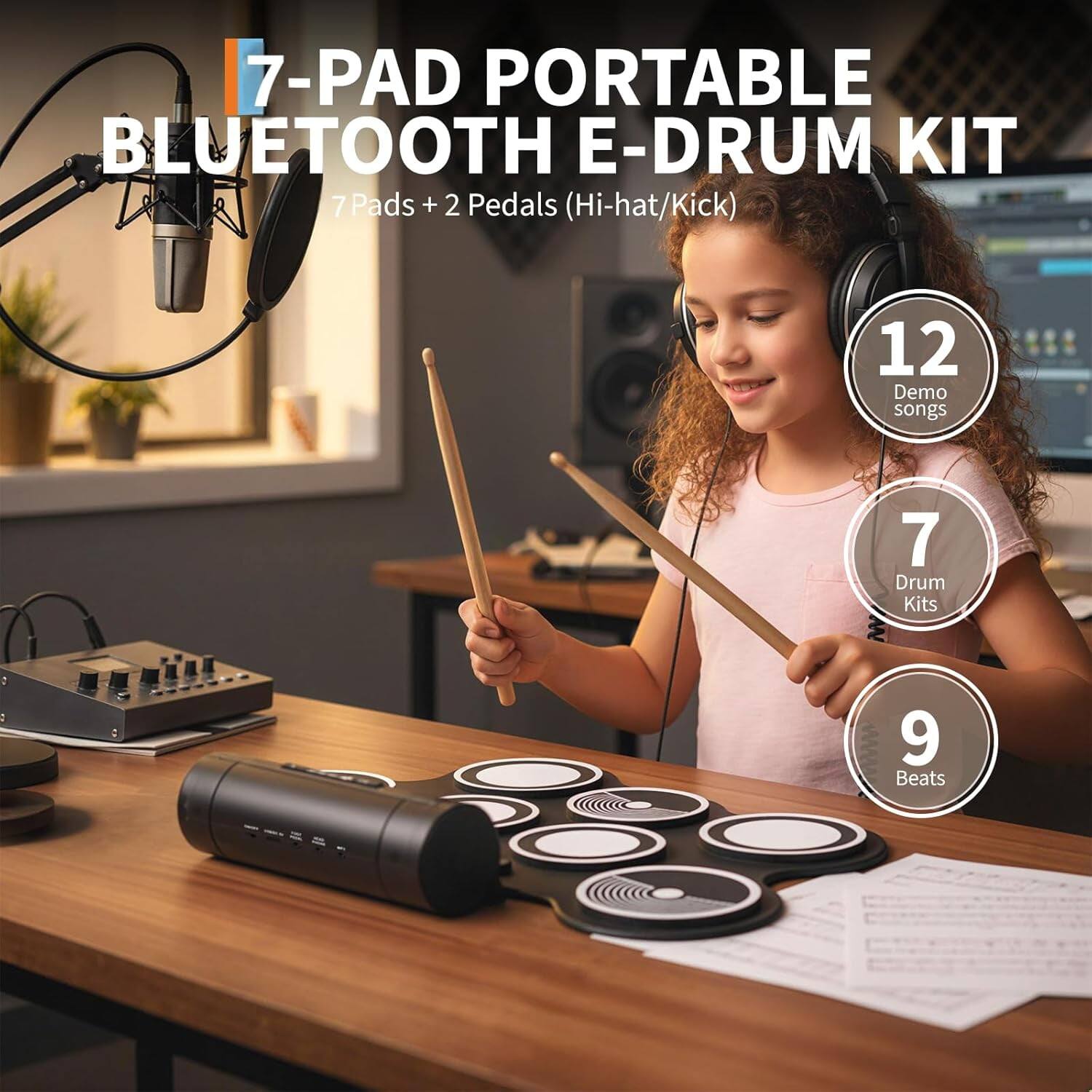 7-Pad Portable Bluetooth E-Drum Kit  
7 Pads + 2 Pedals (Hi-hat/Kick)  
12 Demo Songs  
7 Drum Kits  
9 Beats