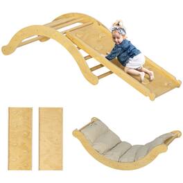 Qaba - Pikler Triangle Set, 4 in 1Indoor Toddler Climbing Toys with Arch Climber, Ramp & Cushion, Montessori Climbing Set