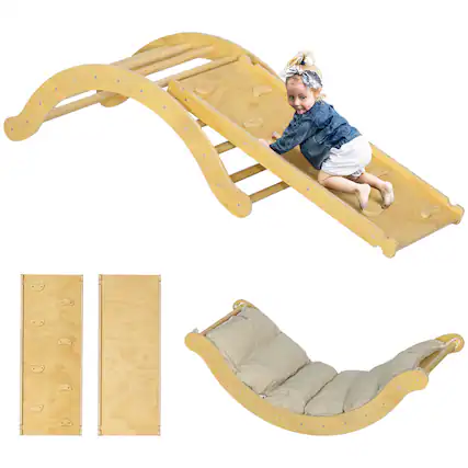 Front. Qaba - Pikler Triangle Set, 4 in 1Indoor Toddler Climbing Toys with Arch Climber, Ramp & Cushion, Montessori Climbing Set.