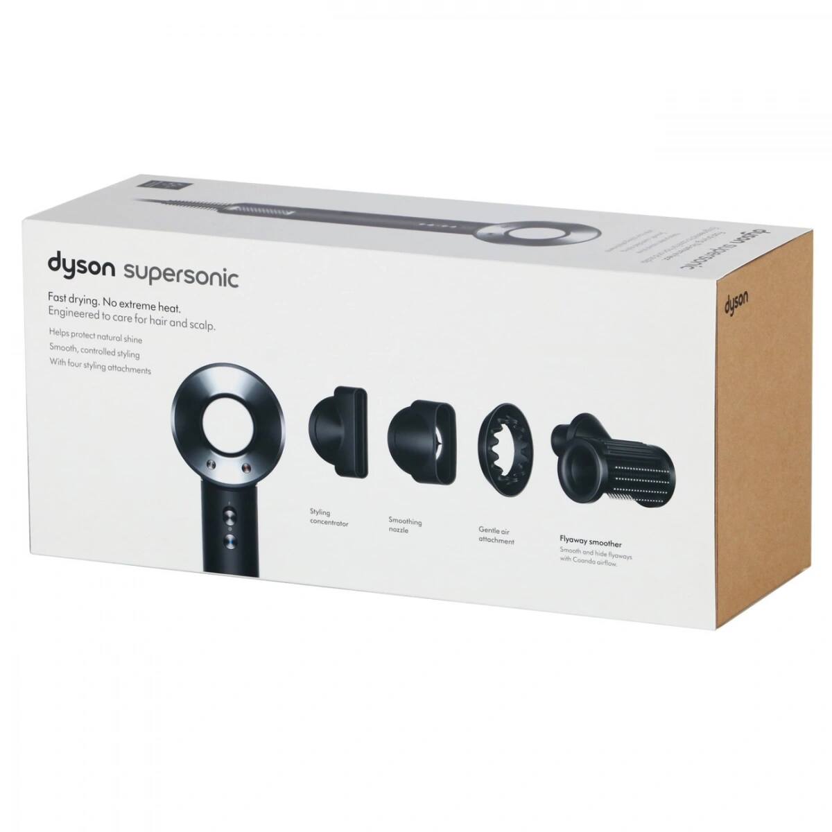 dyson supersonic  
Fast drying. No extreme heat.  
Engineered to care for hair and scalp.  
Helps protect natural shine  
Smooth, controlled styling  
With four styling attachments  

Styling concentrator  
Smoothing nozzle  
Gentle air attachment  
Flyaway smoother