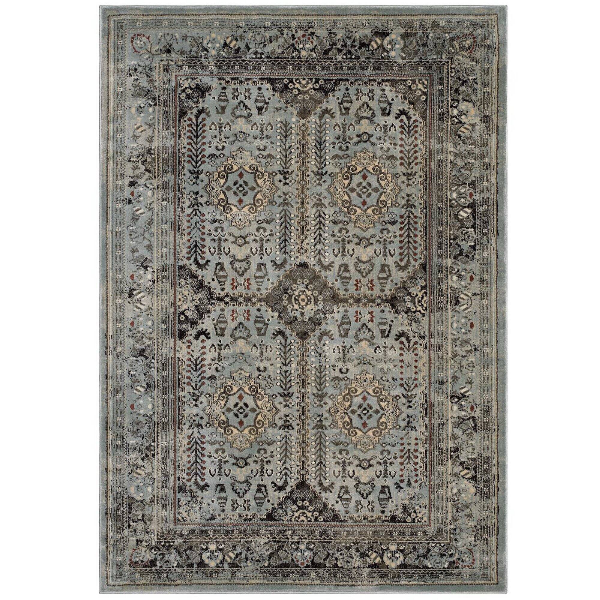 Angle. Modway - Enye Distressed Vintage Floral Lattice Area Rug - Brown and Silver Blue.
