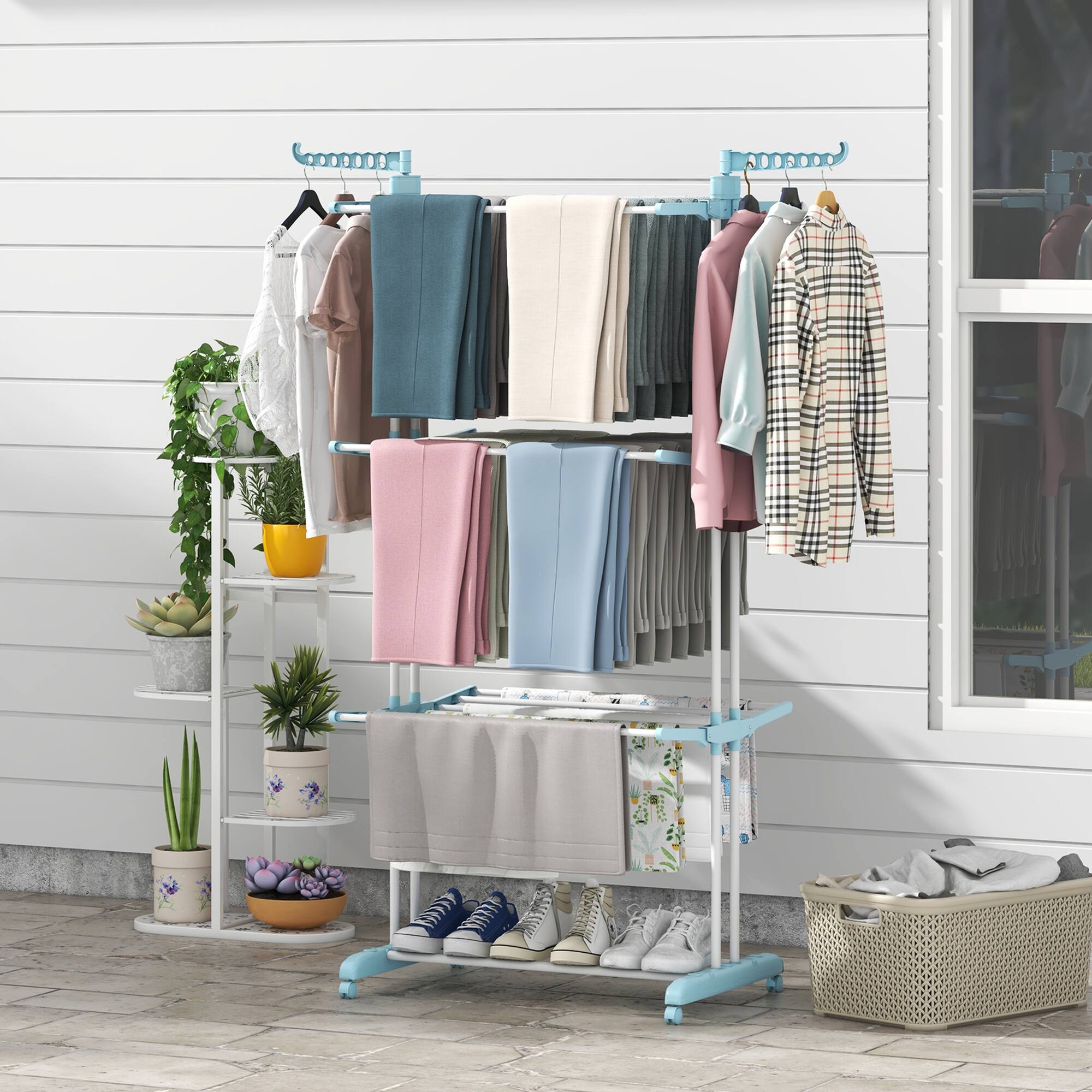 Alt View 3. Costway - Costway 3-tier Folding Clothes Drying Rack with Rotatable Side Wings & Collapsible Shelves - Blue.