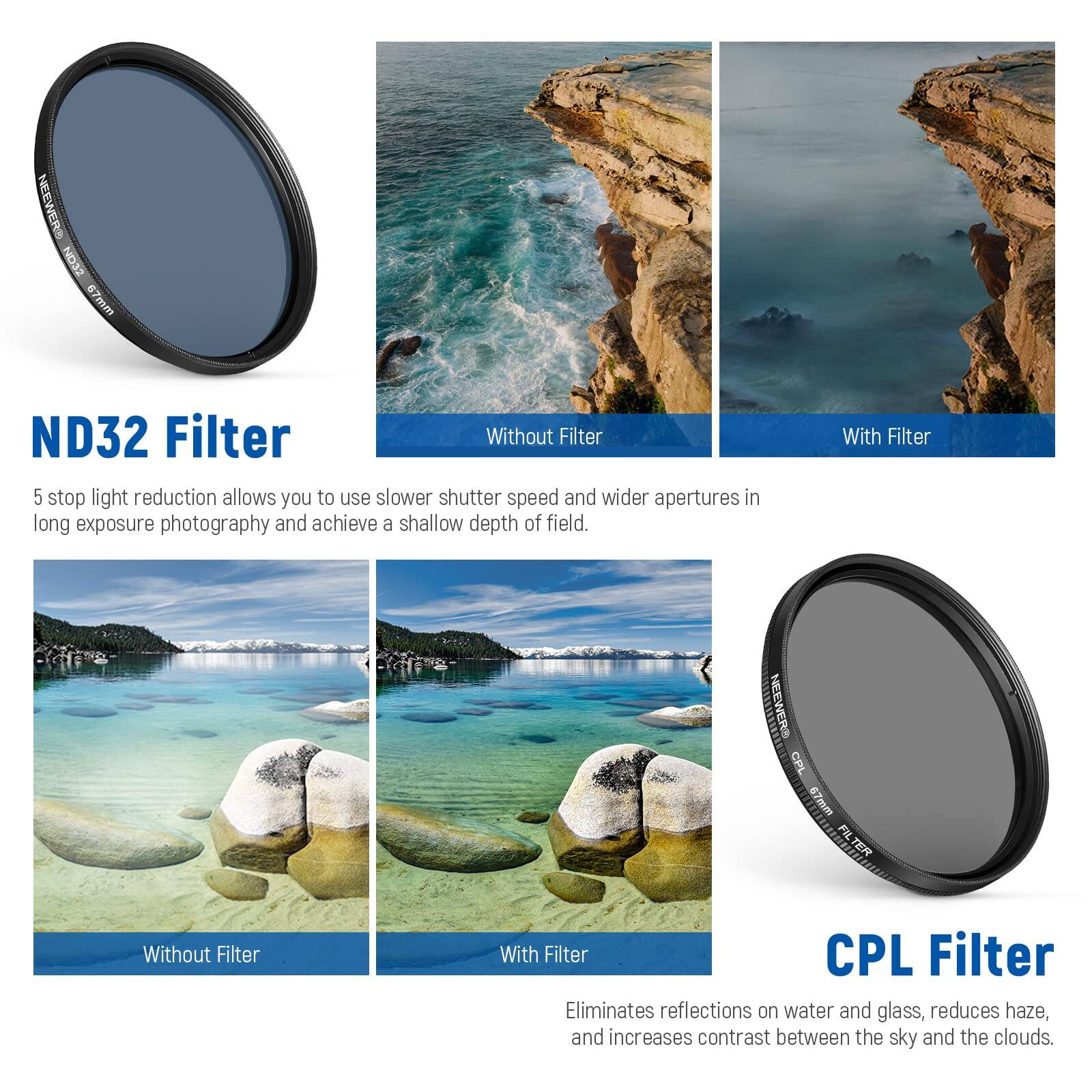 NEEWERD ScO 67mm ND32 Filter

5 stop light reduction allows you to use slower shutter speed and wider apertures in long exposure photography and achieve a shallow depth of field.

NEEWERD CPL 67mm Filter

Eliminates reflections on water and glass, reduces haze, and increases contrast between the sky and the clouds.