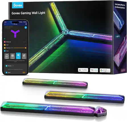 Govee Gaming Wall Light
Dual Lighting Effects for the Ultimate Experience
- Timer
- Brightness 100%
- Mode
- Music
- Color
- Scene
- DIY
Automatically select the light according to the scene.
Direction is not supported by this scene.
Speed
Works with Alexa
Works with Google Home
Matter