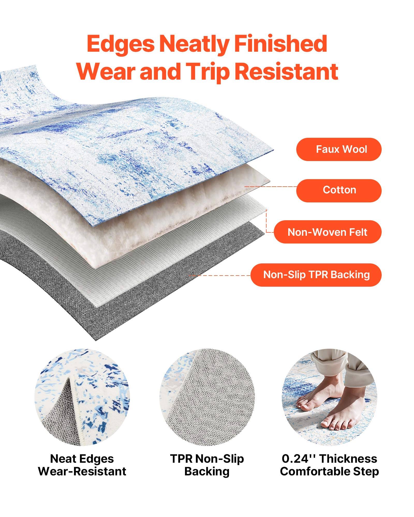 Edges Neatly Finished Wear and Trip Resistant, Faux Wool, Cotton, Non-Woven Felt, Non-Slip TPR Backing, Neat Edges Wear-Resistant, TPR Non-Slip Backing, 0.24" Thickness Comfortable Step