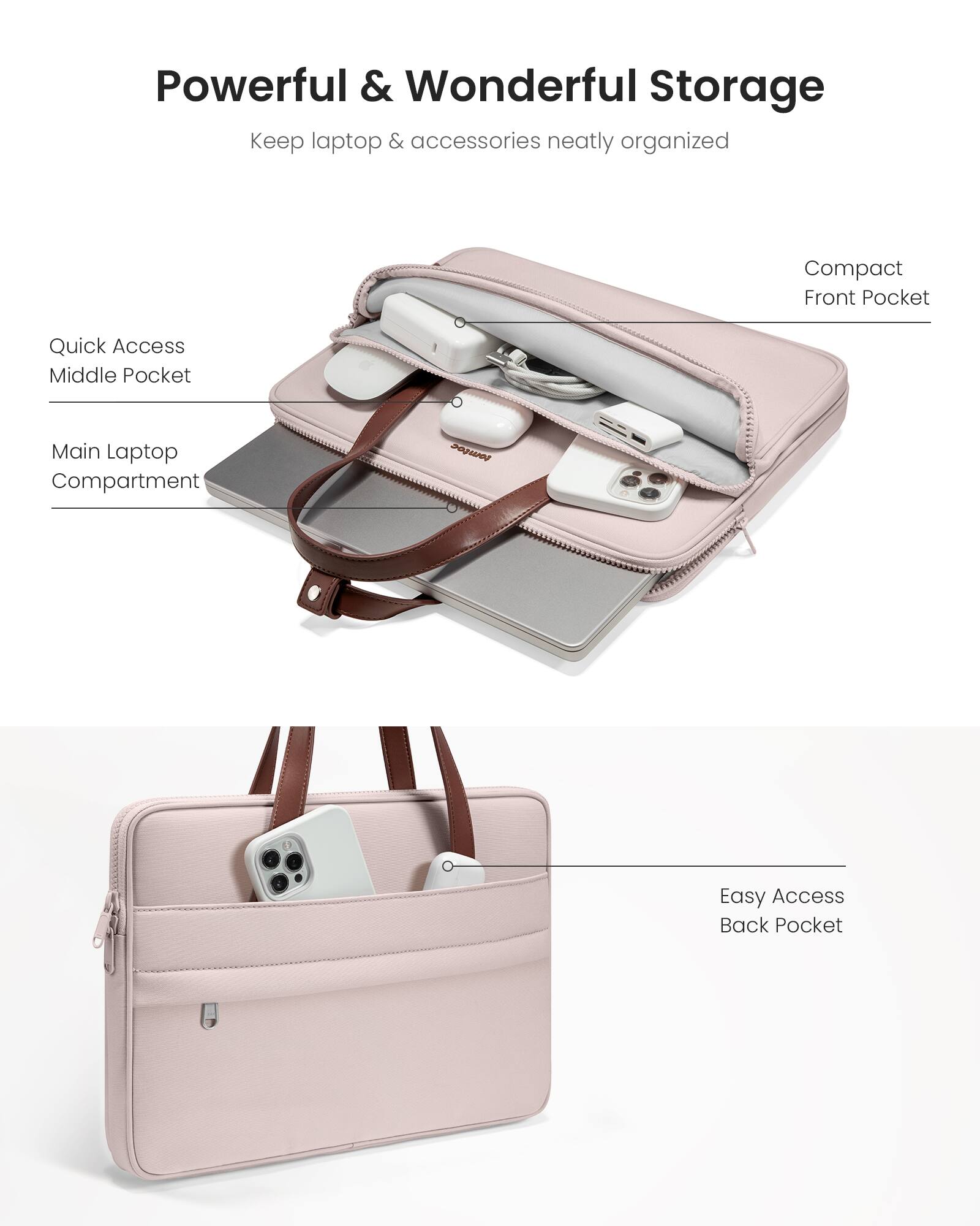 Powerful & Wonderful Storage: Keep laptop & accessories neatly organized. Compact Front Pocket: Quick Access. Middle Pocket: Main Laptop Compartment. Easy Access Back Pocket.