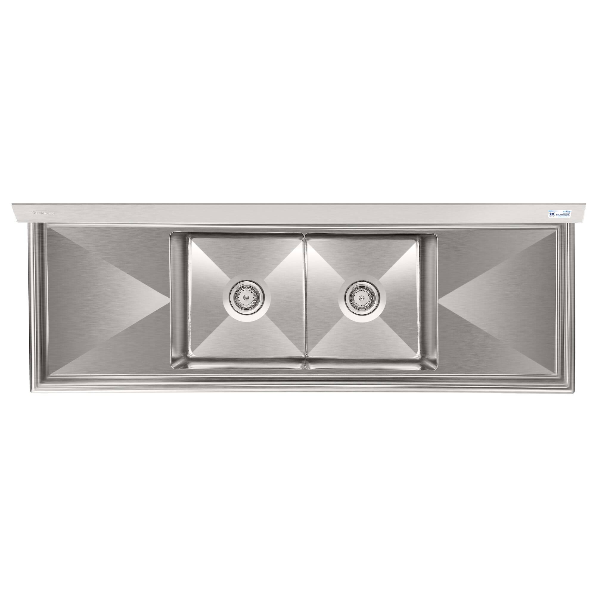 Alt View 2. Koolmore - 72 in. 18-Gauge 2-Compartment  Sink with Backsplash and Dual 18 in. Drainboards, Bowl Dimensions 18"x18"x14" - Stainless Steel.