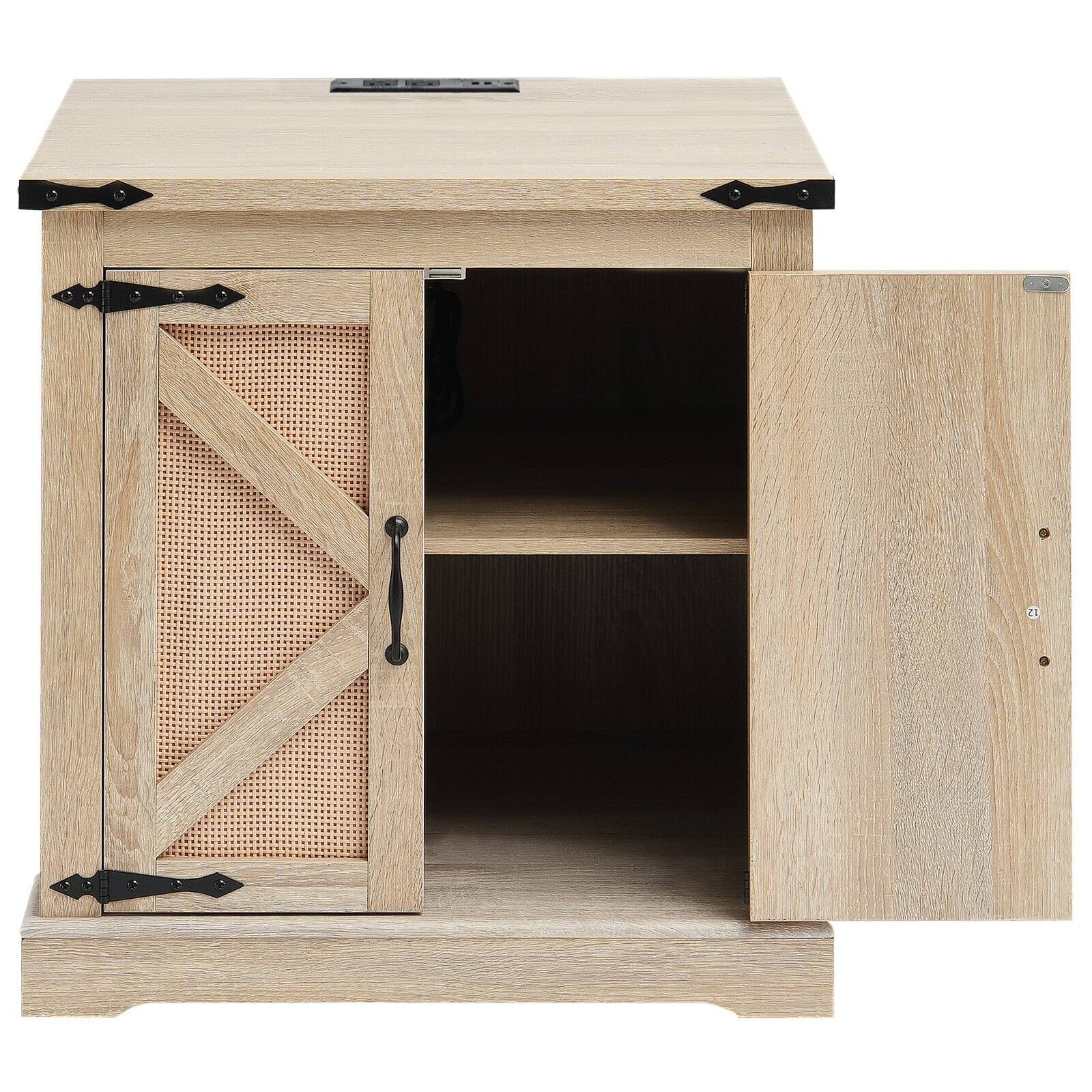 Alt View 9. Glintex - Farmhouse End Table 24 in, Rectangle Woven Wood Side Table with Storage and Retro Metal Hinges for Living Room - Natural.