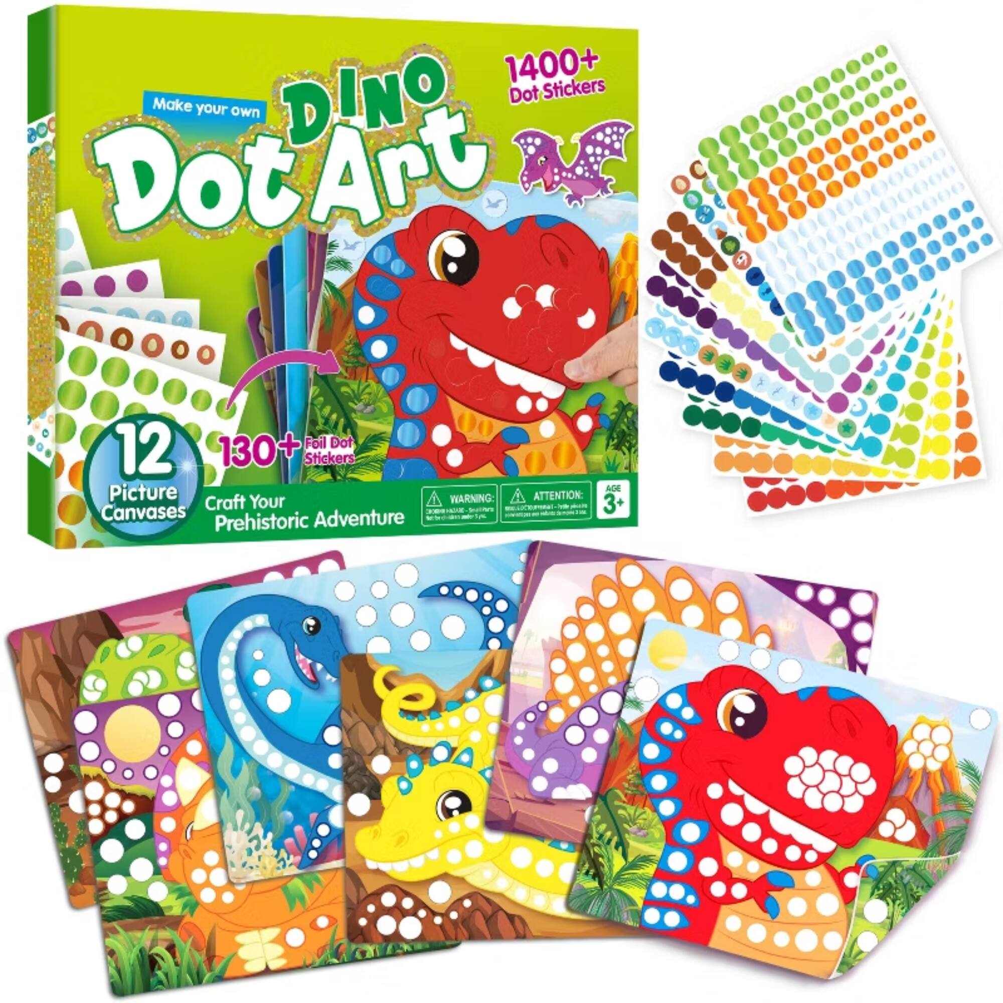 1400+ Dot Stickers  
Make your own DINO Dot Art  
12 Picture Canvases  
130+ Foil Dot Stickers  
Craft Your Prehistoric Adventure  

WARNING ATTENTION: Canvases