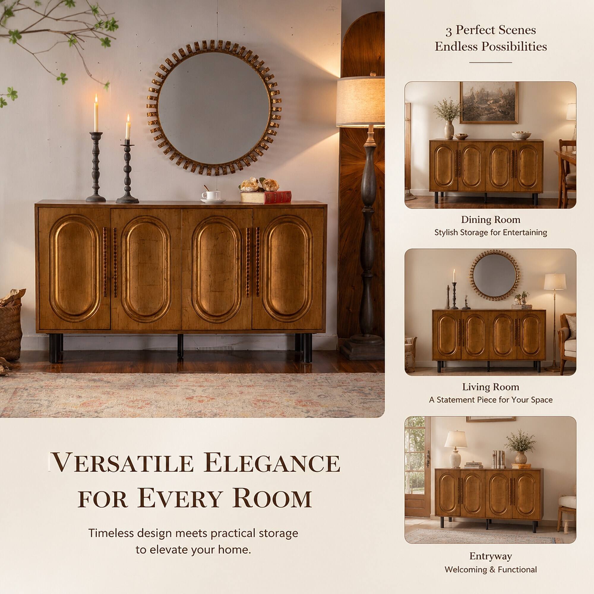 3 Perfect Scenes  
Endless Possibilities

Dining Room  
Stylish Storage for Entertaining

Living Room  
A Statement Piece for Your Space

VERSATILE ELEGANCE FOR EVERY ROOM

Timeless design meets practical storage to elevate your home.

Entryway  
Welcoming & Functional