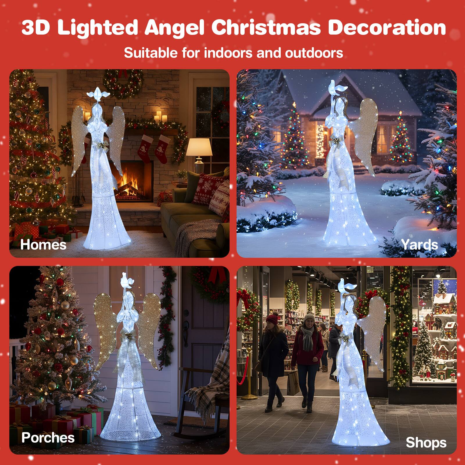 3D Lighted Angel Christmas Decoration  
Suitable for indoors and outdoors  

Homes  
Yards  
Porches  
Shops