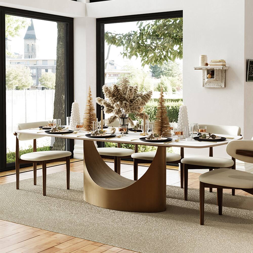 Left. POVISON - 94" Modern Minimalist Dining Table for 10, White Rectangular Matte  Sintered Stone Tabletop, Bronze Carbon Steel Leg - Matte White Sintered Stone with Bronze.