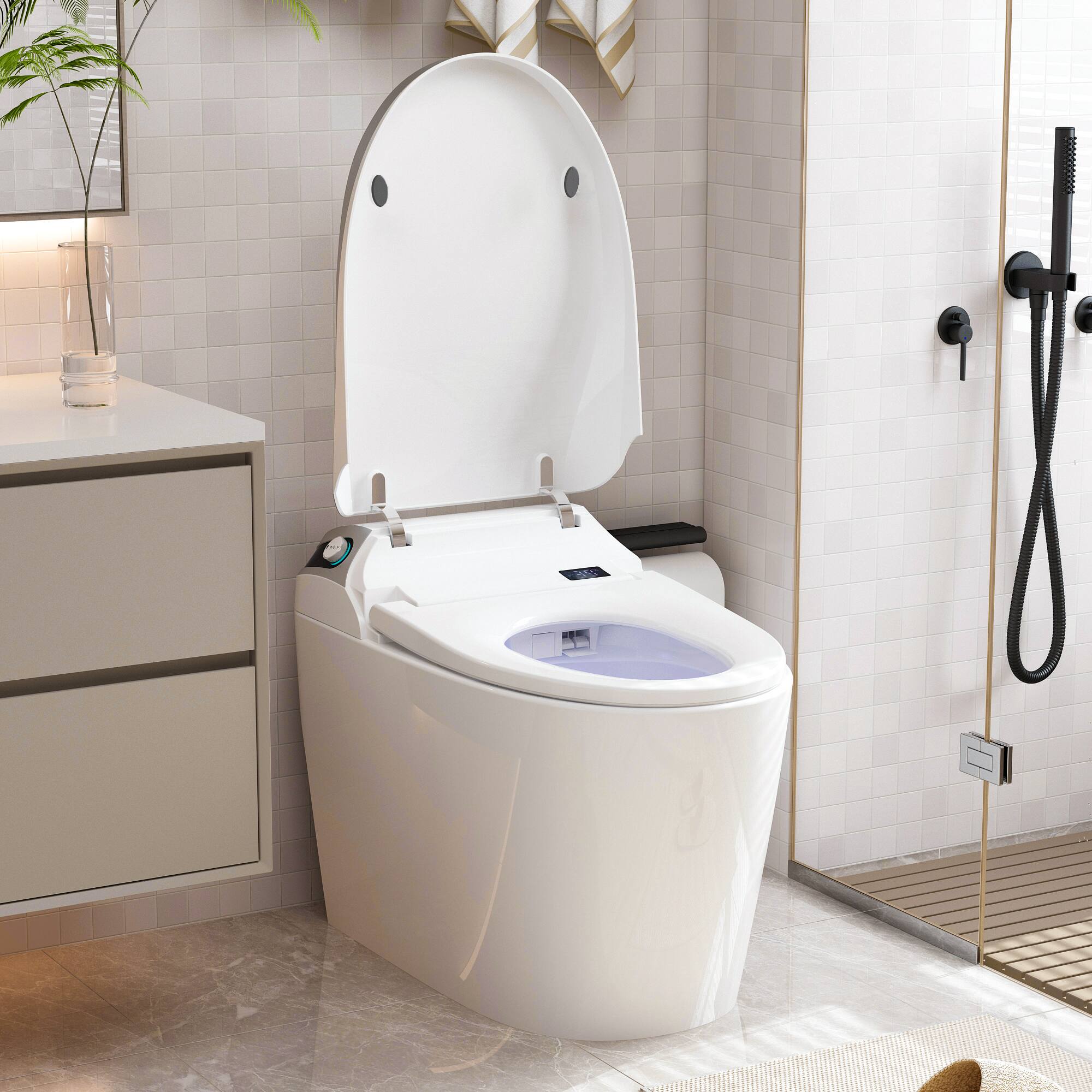 Angle. Famapy - Smart Bidet Toilet with Heated Seat, 110V One-Piece Toilet with Auto Flush, Warm Air Dryer & 305mm Rough-In - White.