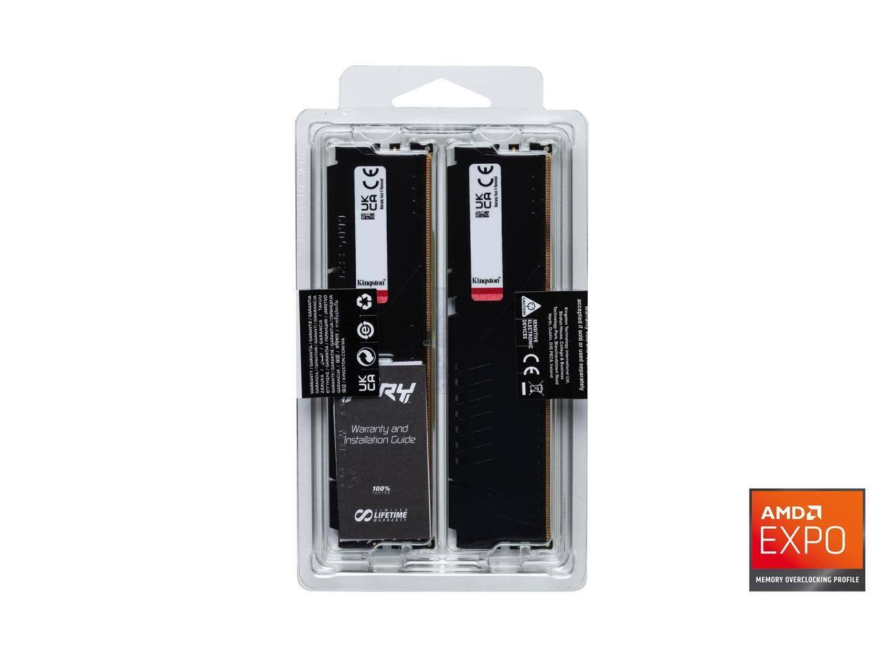 Sure, here is the corrected and grouped text from the image:

---

**Kingston**

- Warranty and Installation Guide
- 100% Lifetime
- AMD EXPO Memory Overclocking Profile

**CE** **UK CA**

**RY**

**AMD EXPO**
MEMORY OVERCLOCKING PROFILE

---

This text is grouped based on the labels and information visible on the packaging.