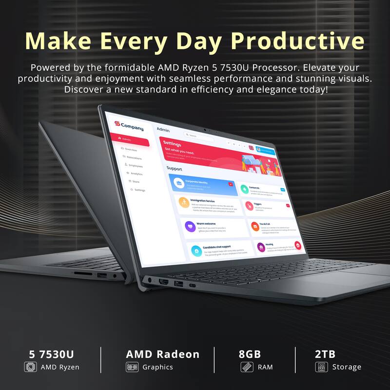 Make Every Day Productive

Powered by the formidable AMD Ryzen 5 7530U Processor. Elevate your productivity and enjoyment with seamless performance and stunning visuals. Discover a new standard in efficiency and elegance today!

- 5 7530U
- AMD Ryzen
- AMD Radeon Graphics
- 8GB RAM
- 2TB Storage