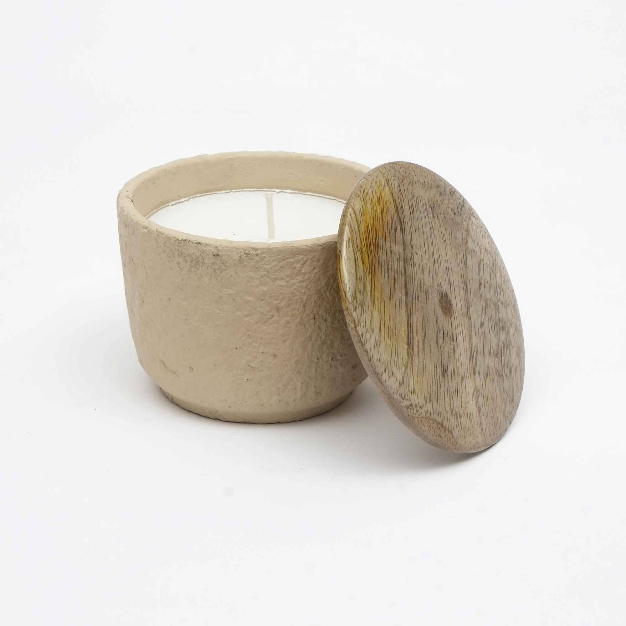 Angle. TinyHomie - Jar Candle Ecomix Wax Wooden Lid Mimosa 7oz.