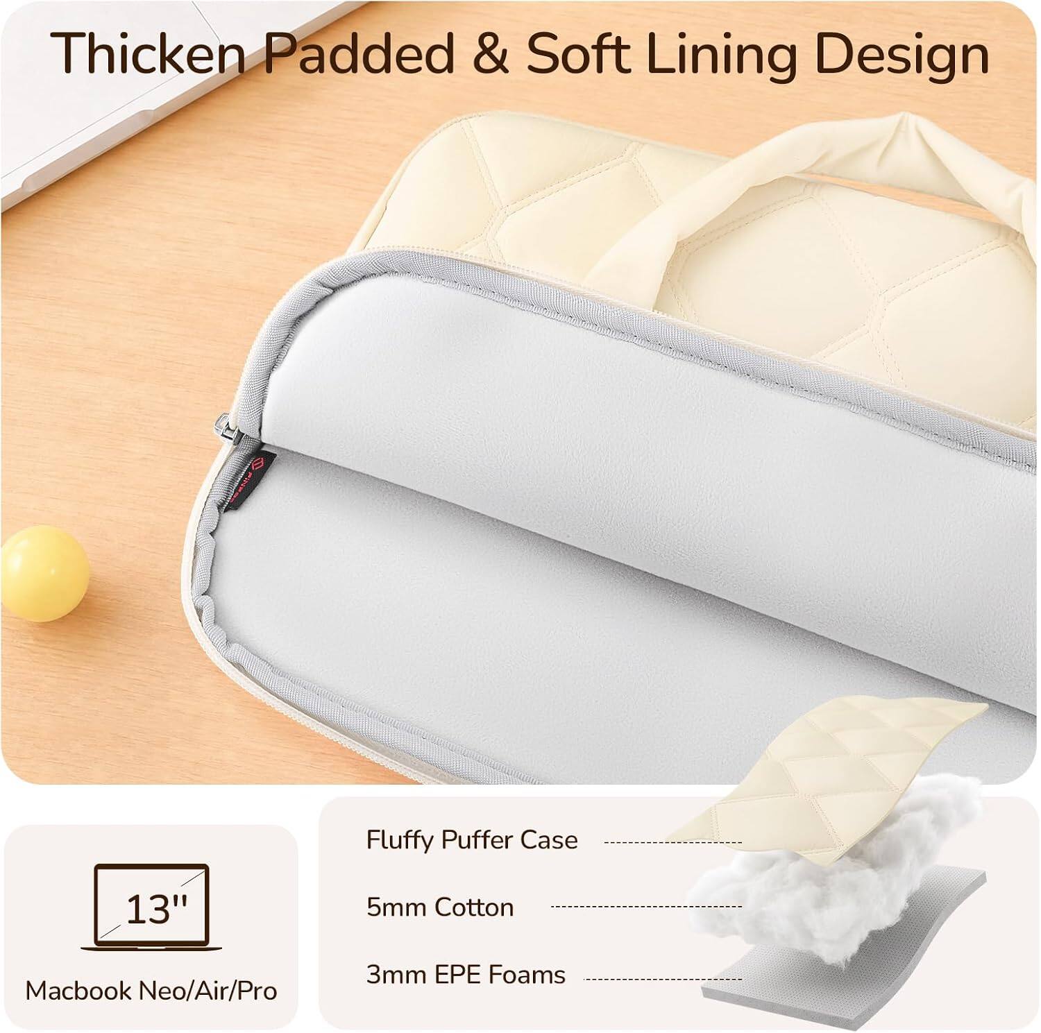 Thicken Padded & Soft Lining Design

Fluffy Puffer Case

13"

5mm Cotton

Macbook Neo/Air/Pro

3mm EPE Foams