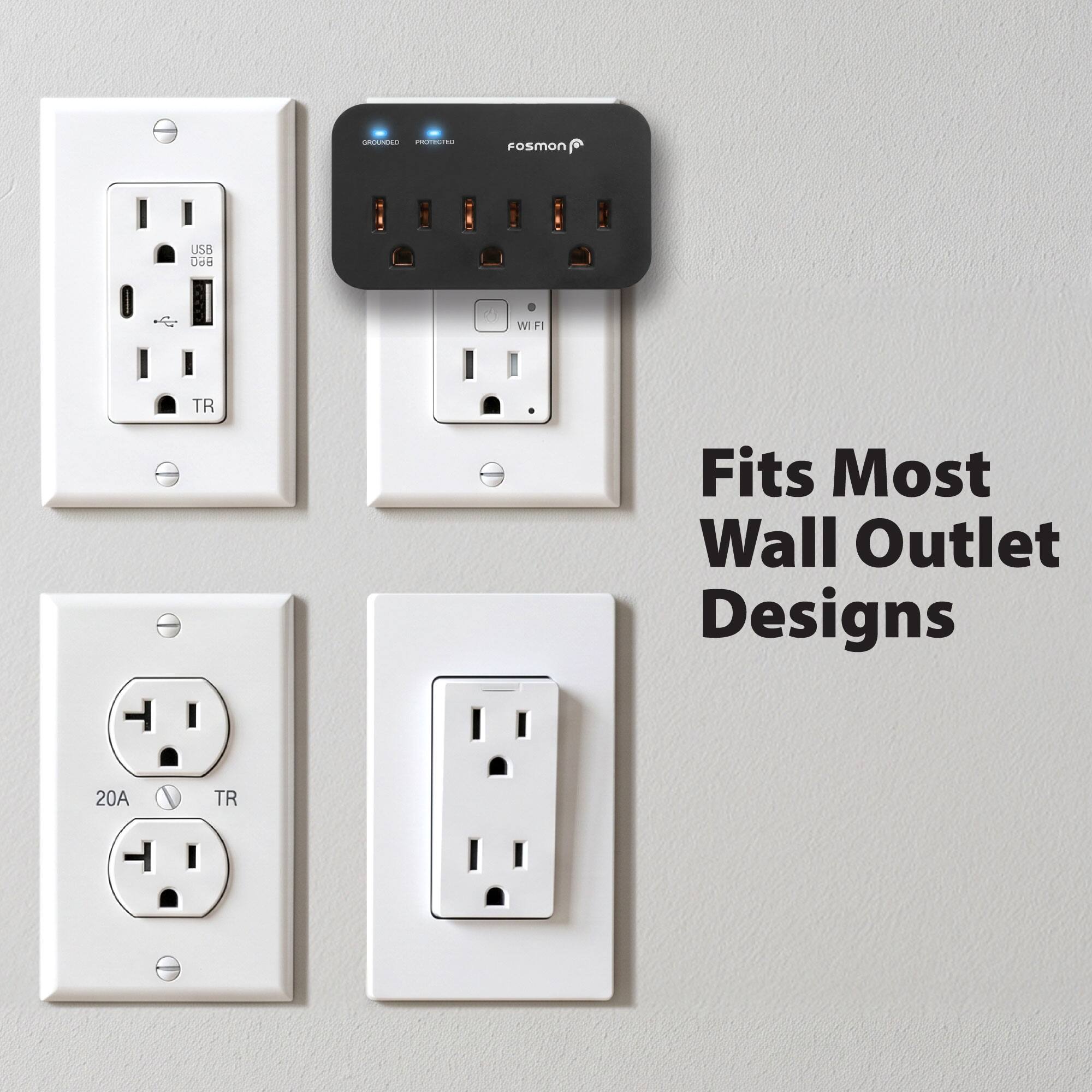 GROUNDIO PROTECTED  
FOSMON  
USB B60  
WIFI  
TR  
Fits Most Wall Outlet Designs  
20A  
TR