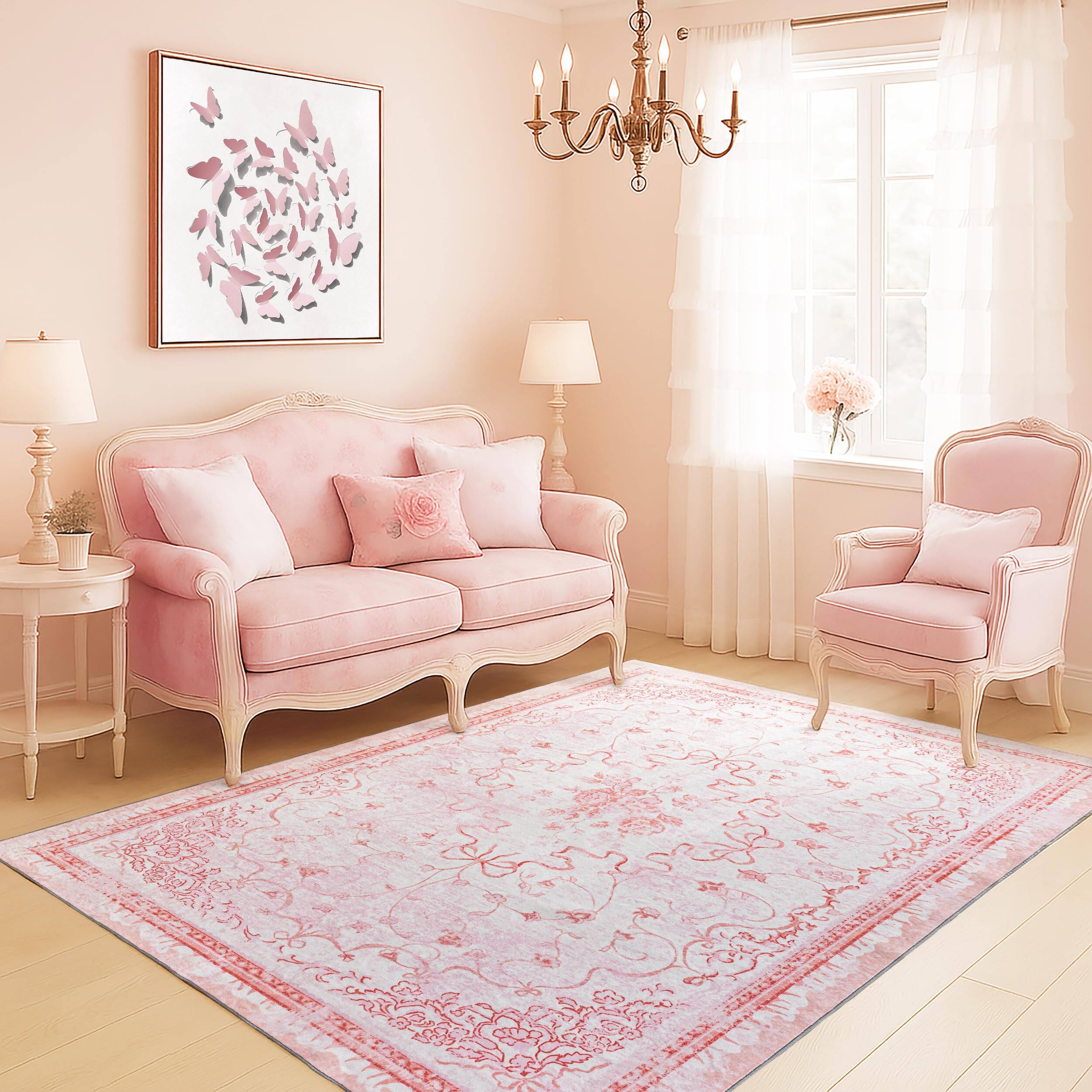 Alt View 4. Fabibe - Pink Rug For Bedroom Girl Nursey 5x7 - Bow Dorm College Cute Coquette Teen Room romantic floral design elevate... - Pink-5' x 7' (Rectangular).