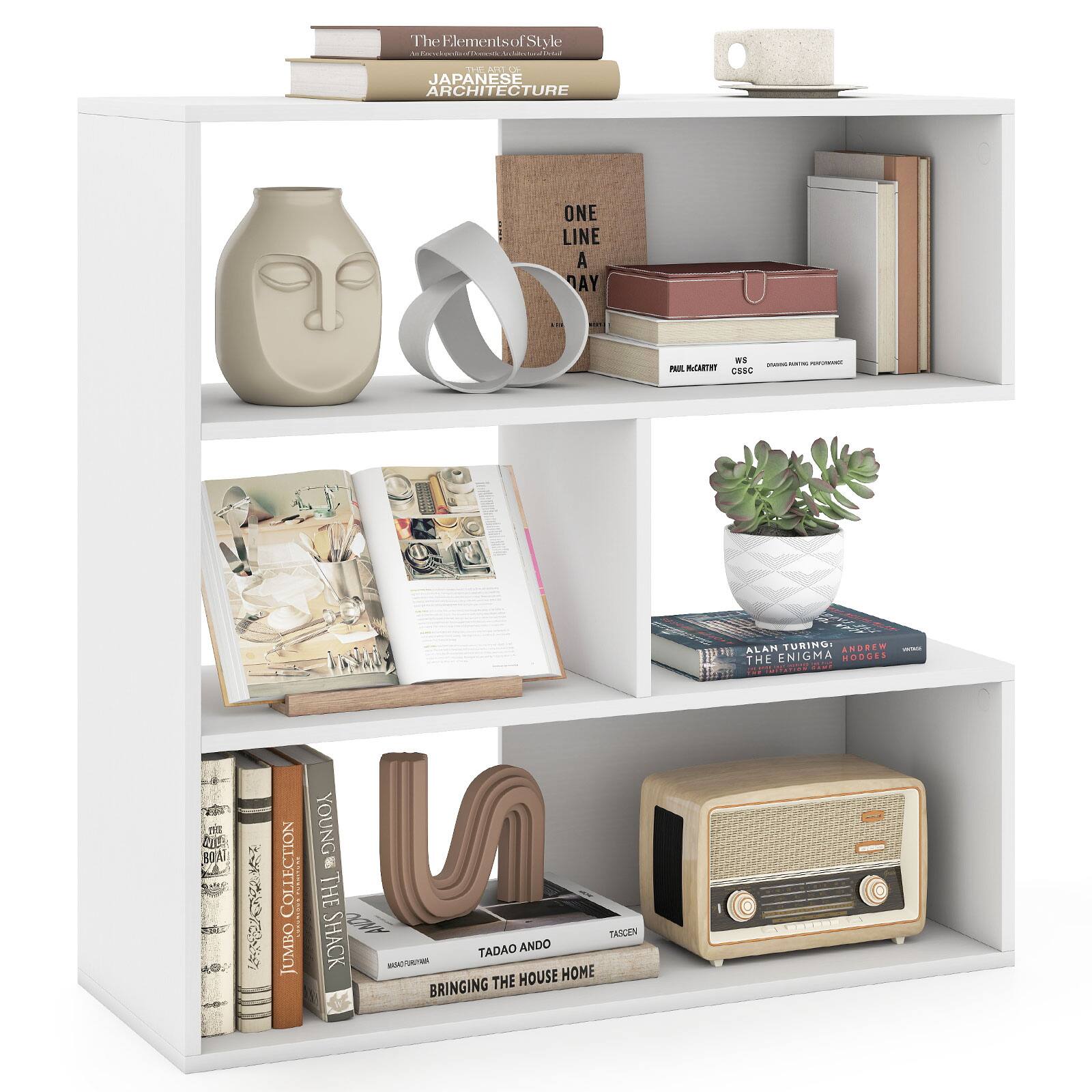 Costway - 3-Shelf Concave Bookshelf Room Organizer with Anti-Toppling Device Freestanding - White