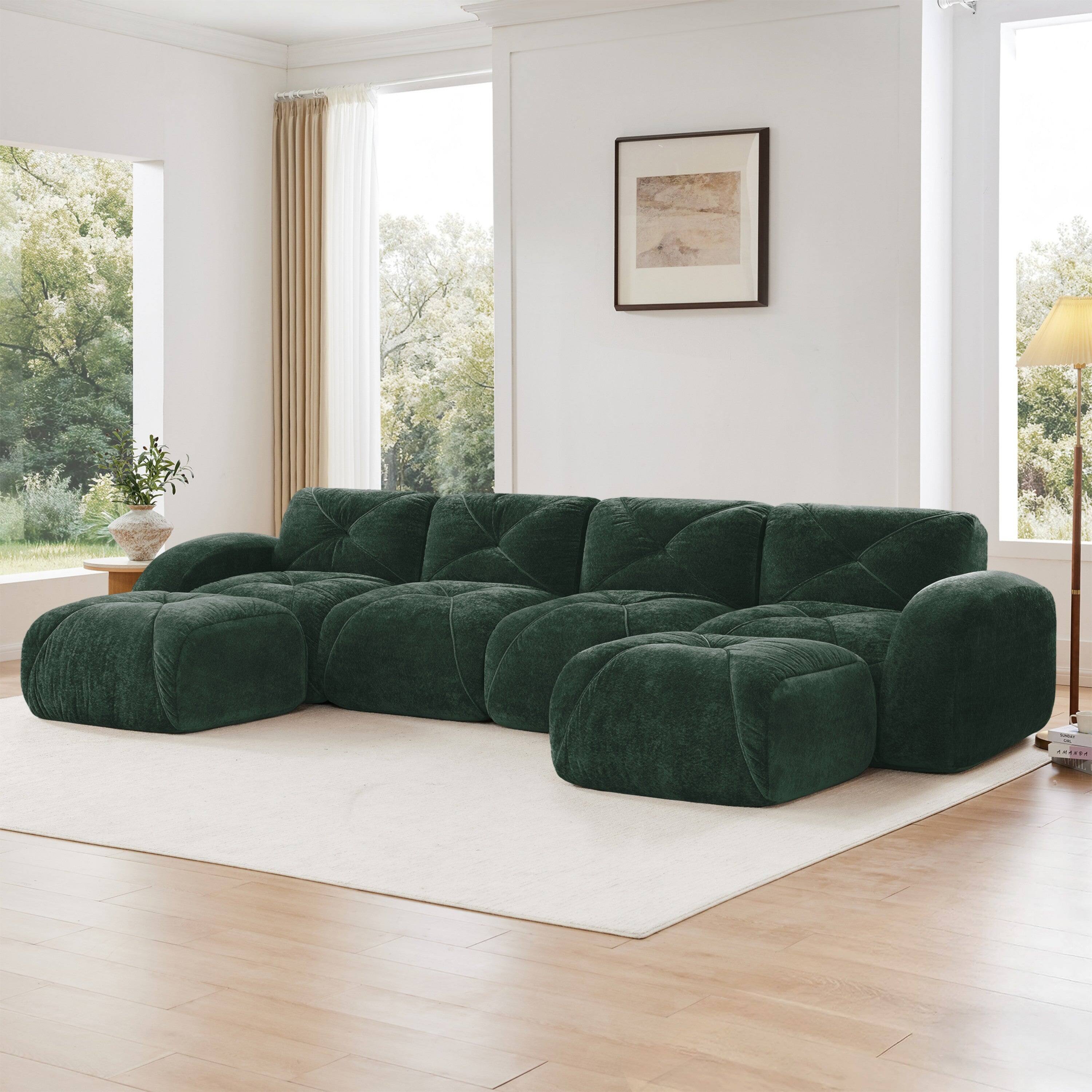 Alt View 3. Boyel Living - U Shaped Velvet Tufted Sofa Movable Ottomans 32D HD Sponge Anti Slip Free Combo No Assembly Living Theater Green - Green.