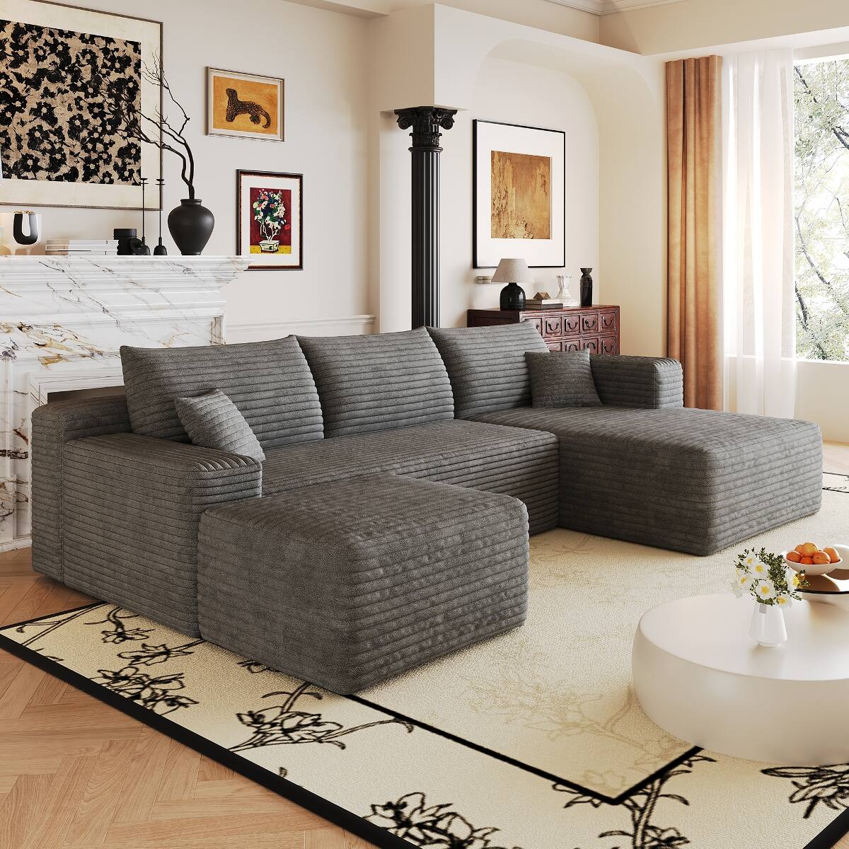 Ropilly 103 Inch Cloud Sectional Sofa Dark Grey Corduroy L Shaped Sofa ...